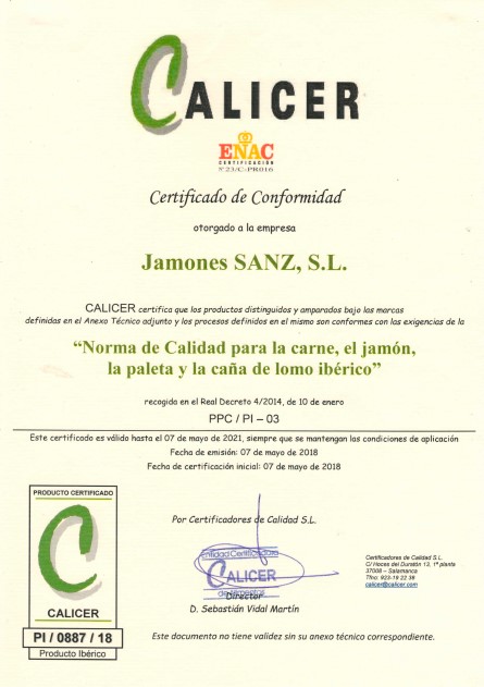 Certificado Calicer Jamones Sanz